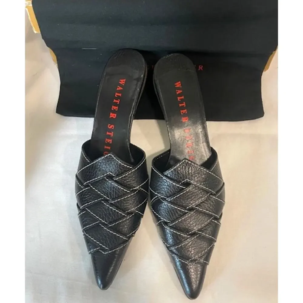 Walter Steiger Black Leather Pointed-Toe Woven Mules